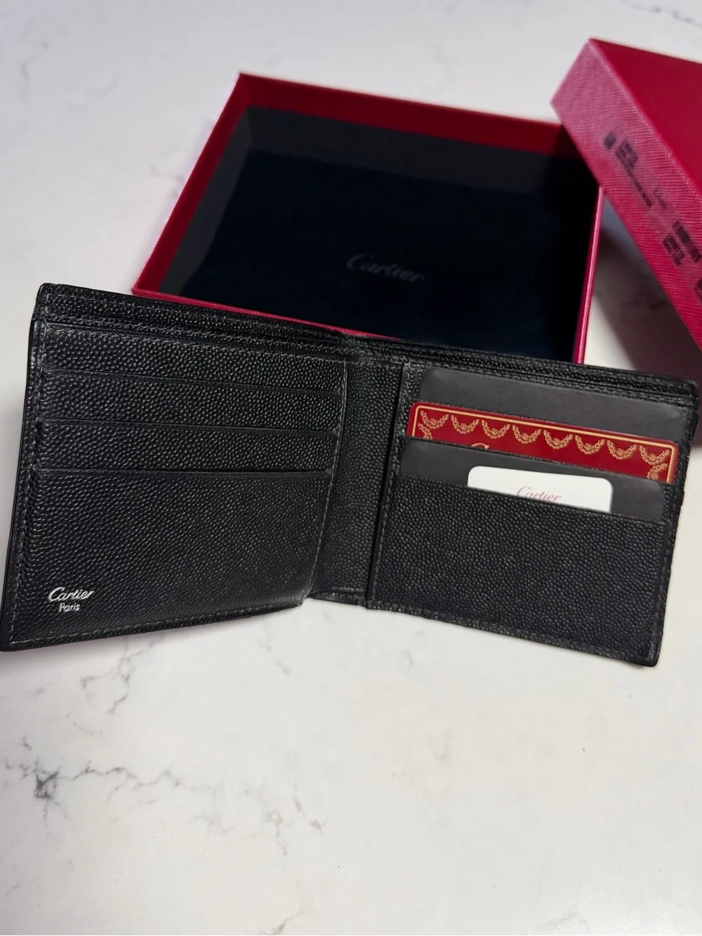 Vintage Santos de Cartier Black Grained Leather Bifold Wallet Luxury